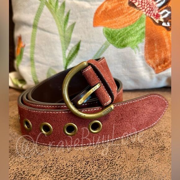 VINTAGE COACH BELT 02/03 SOHO SOLID BRASS BUCKLE GROMMETS RUST SUEDE LEATHER XL - Picture 3 of 12